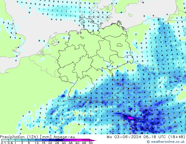 Precipitation (12h) Arpege-eu Mo 03.06.2024 18 UTC