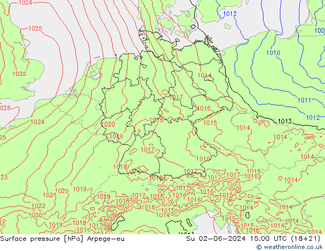 Pressione al suolo Arpege-eu dom 02.06.2024 15 UTC