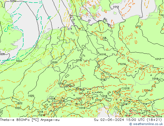 Theta-e 850hPa Arpege-eu So 02.06.2024 15 UTC