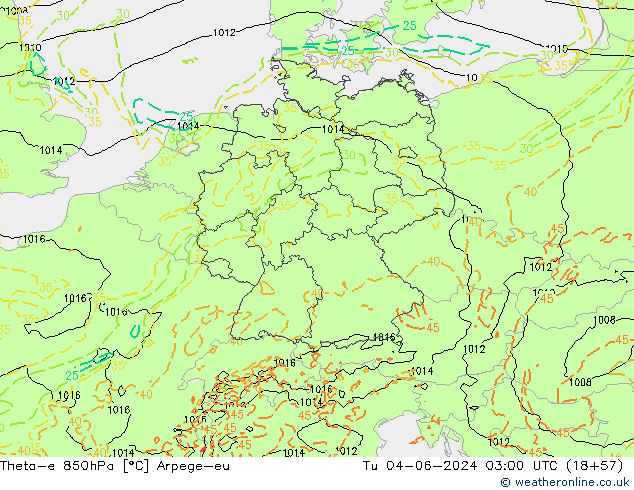 Theta-e 850hPa Arpege-eu Tu 04.06.2024 03 UTC