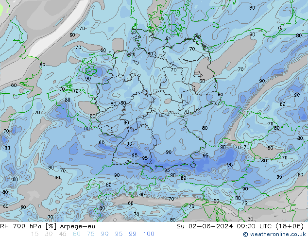 Humidité rel. 700 hPa Arpege-eu dim 02.06.2024 00 UTC