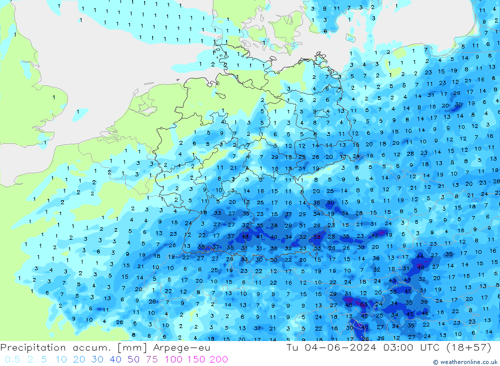 Precipitation accum. Arpege-eu mar 04.06.2024 03 UTC