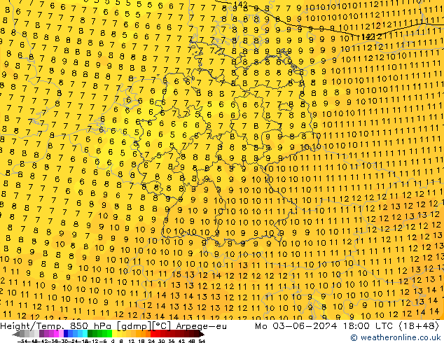 Height/Temp. 850 hPa Arpege-eu lun 03.06.2024 18 UTC