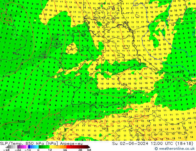 SLP/Temp. 850 hPa Arpege-eu Ne 02.06.2024 12 UTC