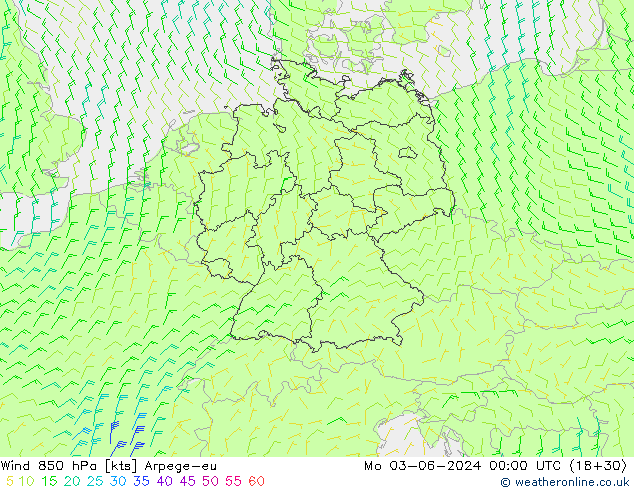 Wind 850 hPa Arpege-eu Mo 03.06.2024 00 UTC