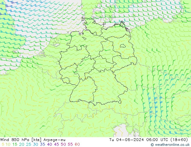 Wind 850 hPa Arpege-eu Tu 04.06.2024 06 UTC