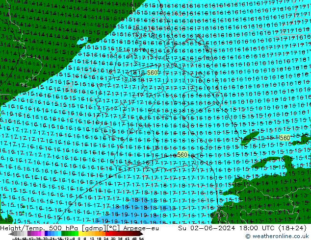 Hoogte/Temp. 500 hPa Arpege-eu zo 02.06.2024 18 UTC