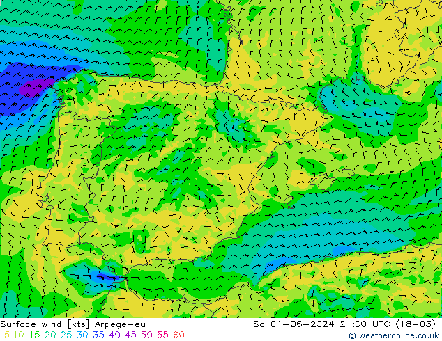wiatr 10 m Arpege-eu so. 01.06.2024 21 UTC