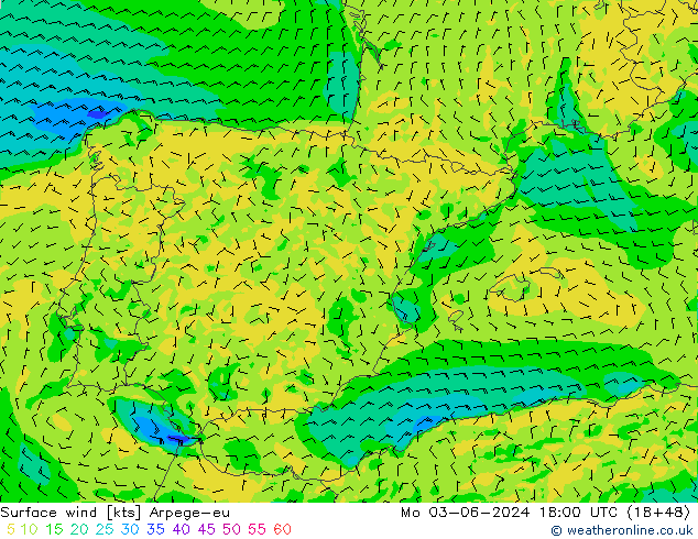 Surface wind Arpege-eu Po 03.06.2024 18 UTC