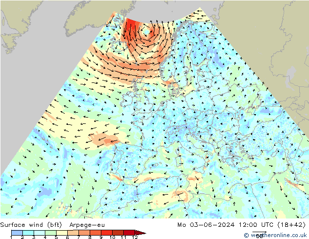 Surface wind (bft) Arpege-eu Mo 03.06.2024 12 UTC