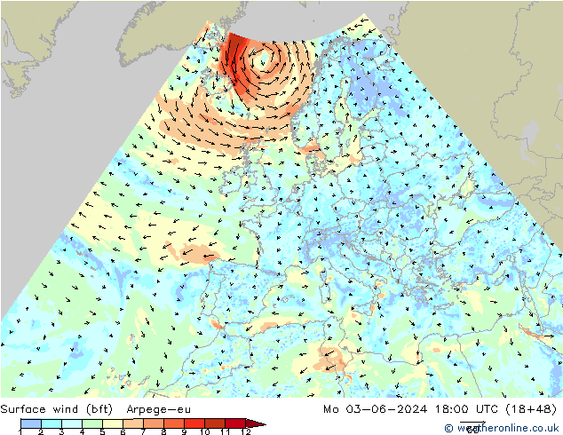 Surface wind (bft) Arpege-eu Mo 03.06.2024 18 UTC