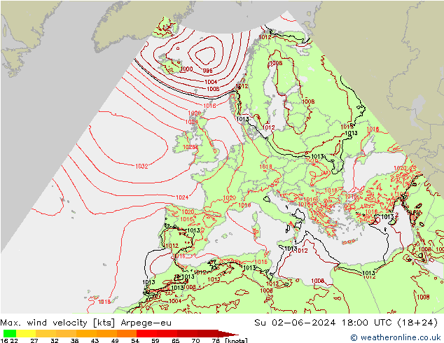 Max. wind snelheid Arpege-eu zo 02.06.2024 18 UTC
