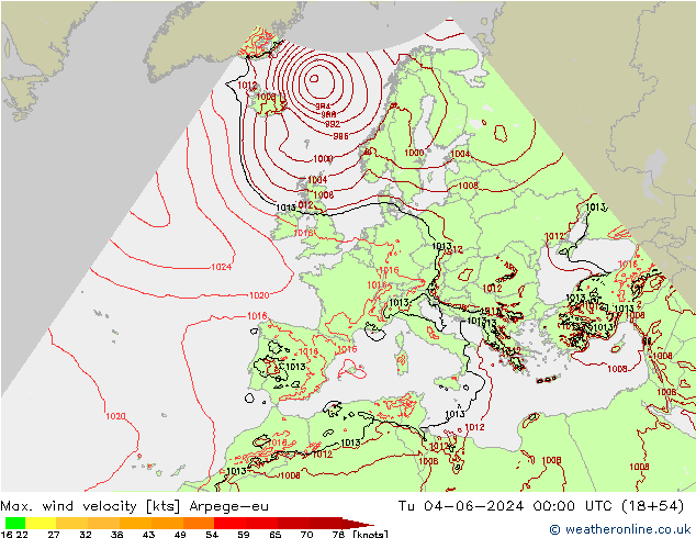 Max. wind snelheid Arpege-eu di 04.06.2024 00 UTC