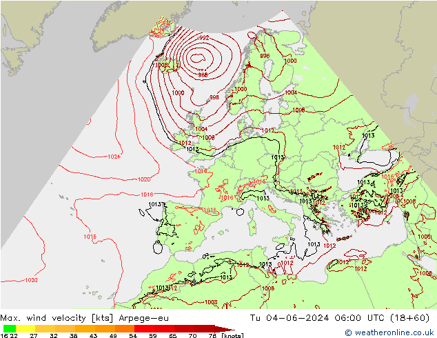 Max. wind velocity Arpege-eu вт 04.06.2024 06 UTC