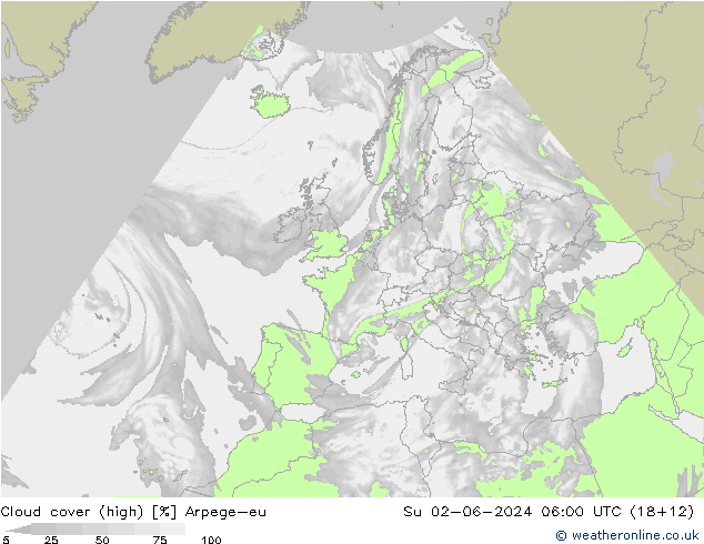 Cloud cover (high) Arpege-eu Su 02.06.2024 06 UTC