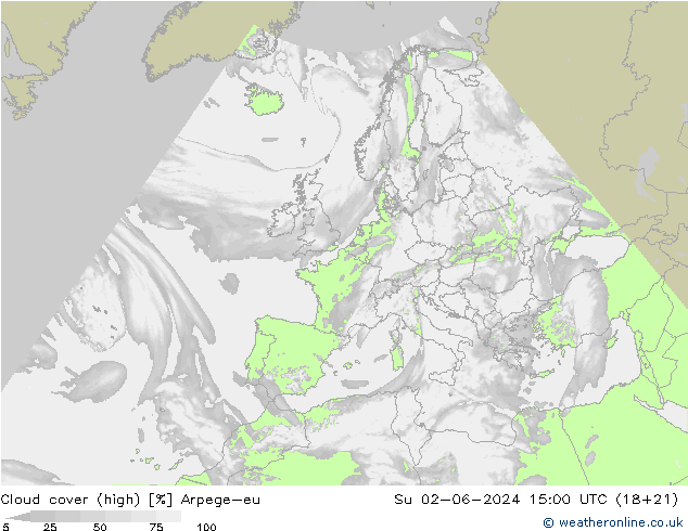 Cloud cover (high) Arpege-eu Su 02.06.2024 15 UTC