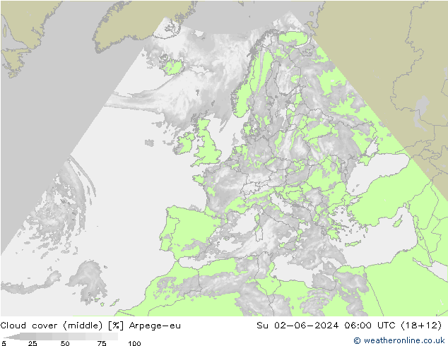 Cloud cover (middle) Arpege-eu Su 02.06.2024 06 UTC
