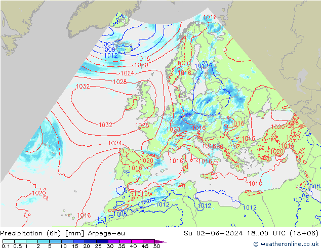 Precipitación (6h) Arpege-eu dom 02.06.2024 00 UTC