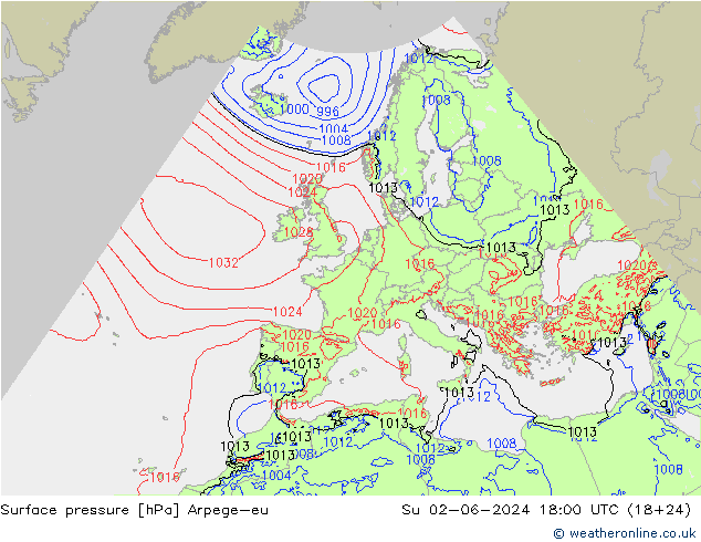 pressão do solo Arpege-eu Dom 02.06.2024 18 UTC