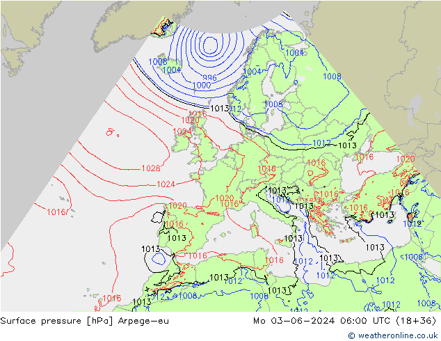 Surface pressure Arpege-eu Mo 03.06.2024 06 UTC