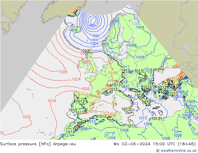 Surface pressure Arpege-eu Mo 03.06.2024 15 UTC