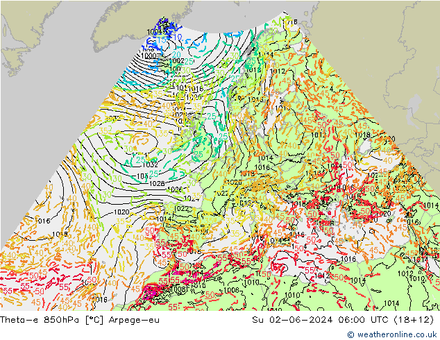 Theta-e 850hPa Arpege-eu Dom 02.06.2024 06 UTC