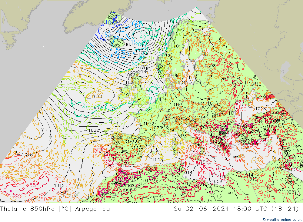 Theta-e 850hPa Arpege-eu Su 02.06.2024 18 UTC