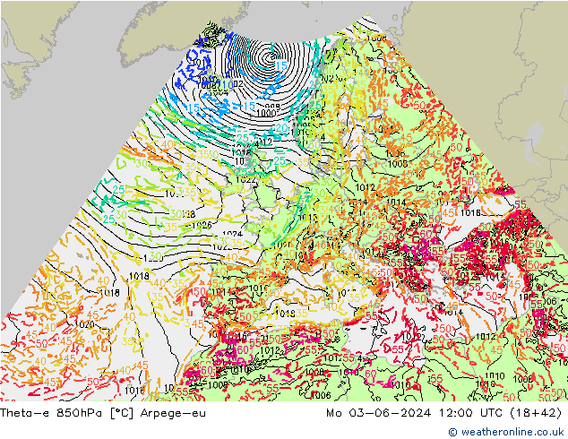 Theta-e 850hPa Arpege-eu Mo 03.06.2024 12 UTC