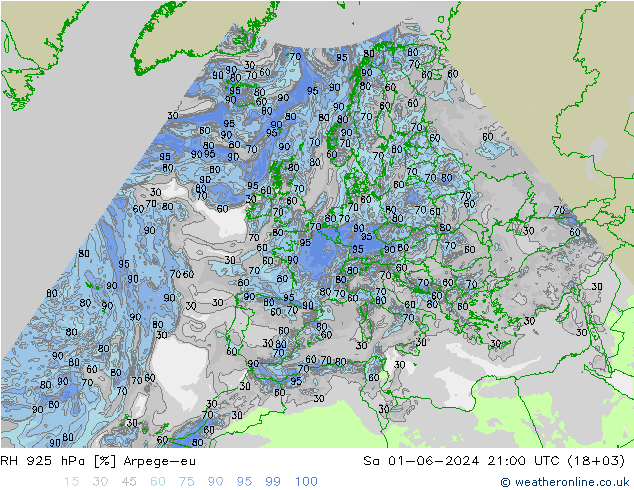 RH 925 hPa Arpege-eu sab 01.06.2024 21 UTC