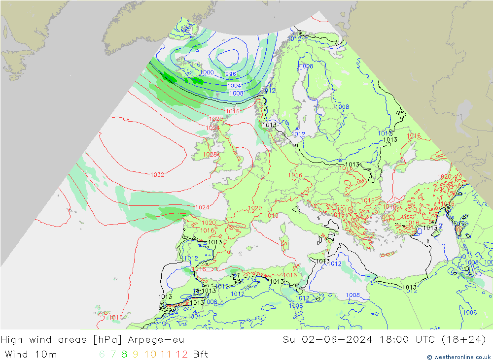 High wind areas Arpege-eu Dom 02.06.2024 18 UTC