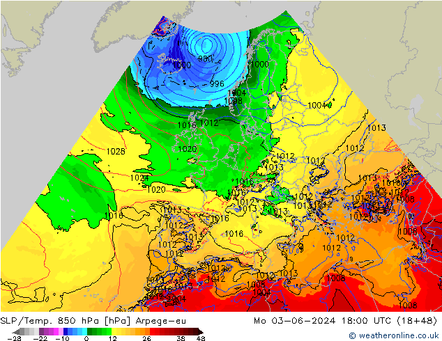 SLP/Temp. 850 гПа Arpege-eu пн 03.06.2024 18 UTC