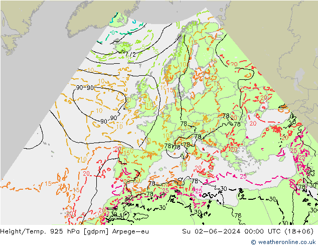 Hoogte/Temp. 925 hPa Arpege-eu zo 02.06.2024 00 UTC