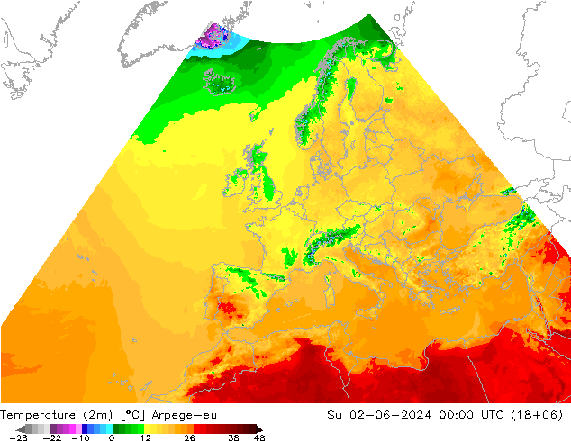 Temperatura (2m) Arpege-eu dom 02.06.2024 00 UTC