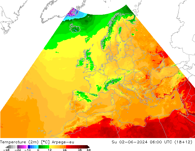 Temperaturkarte (2m) Arpege-eu So 02.06.2024 06 UTC