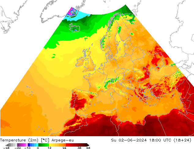 温度图 Arpege-eu 星期日 02.06.2024 18 UTC