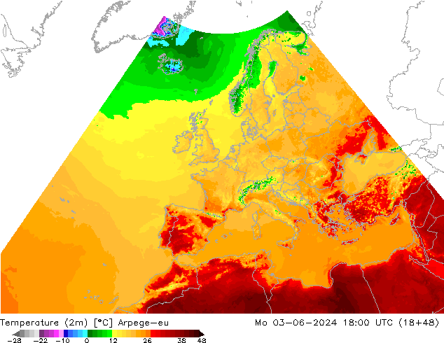 température (2m) Arpege-eu lun 03.06.2024 18 UTC