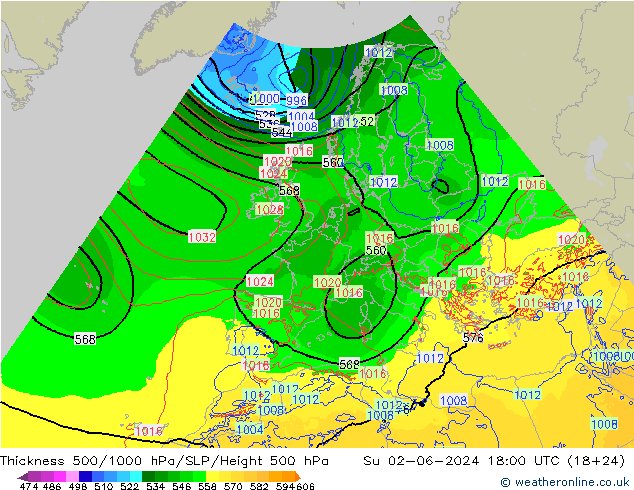 Thck 500-1000hPa Arpege-eu dim 02.06.2024 18 UTC