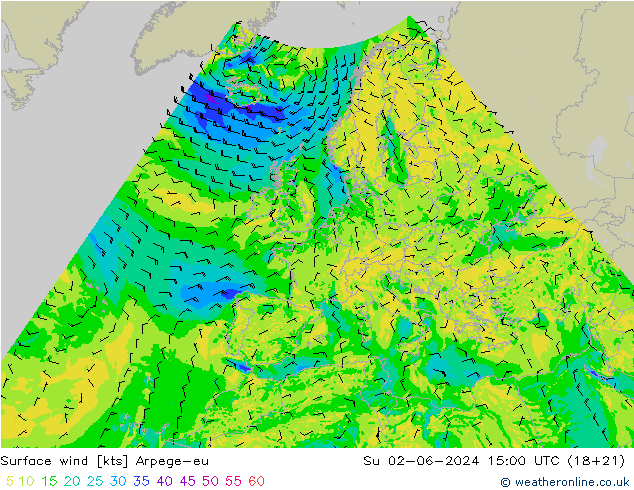 Surface wind Arpege-eu Su 02.06.2024 15 UTC