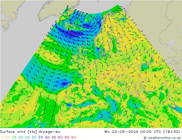 Vent 10 m Arpege-eu lun 03.06.2024 00 UTC