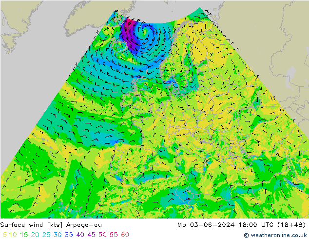 Vento 10 m Arpege-eu lun 03.06.2024 18 UTC