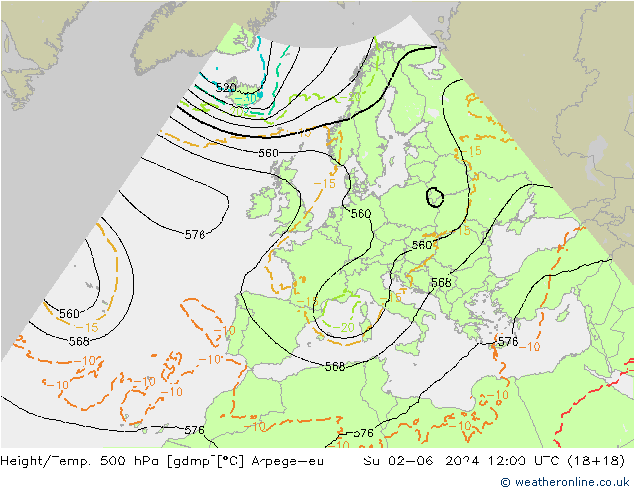 Hoogte/Temp. 500 hPa Arpege-eu zo 02.06.2024 12 UTC