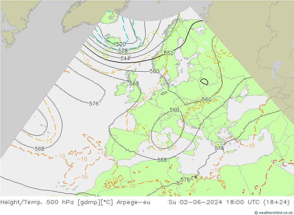 Height/Temp. 500 гПа Arpege-eu Вс 02.06.2024 18 UTC