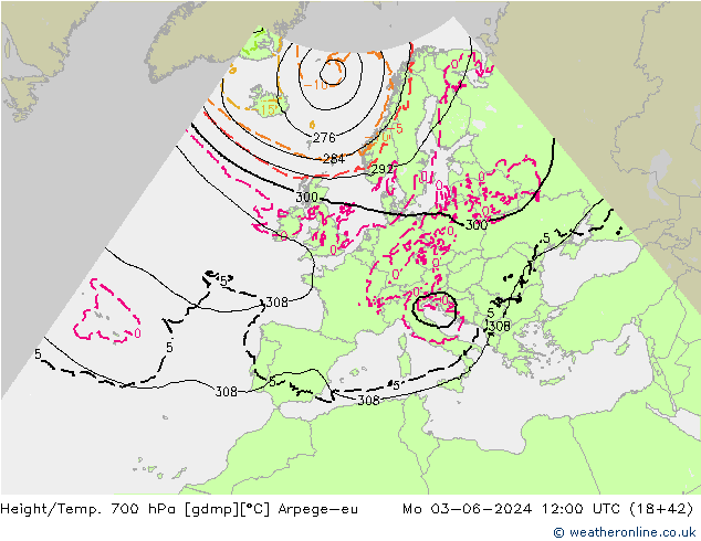 Height/Temp. 700 hPa Arpege-eu Mo 03.06.2024 12 UTC