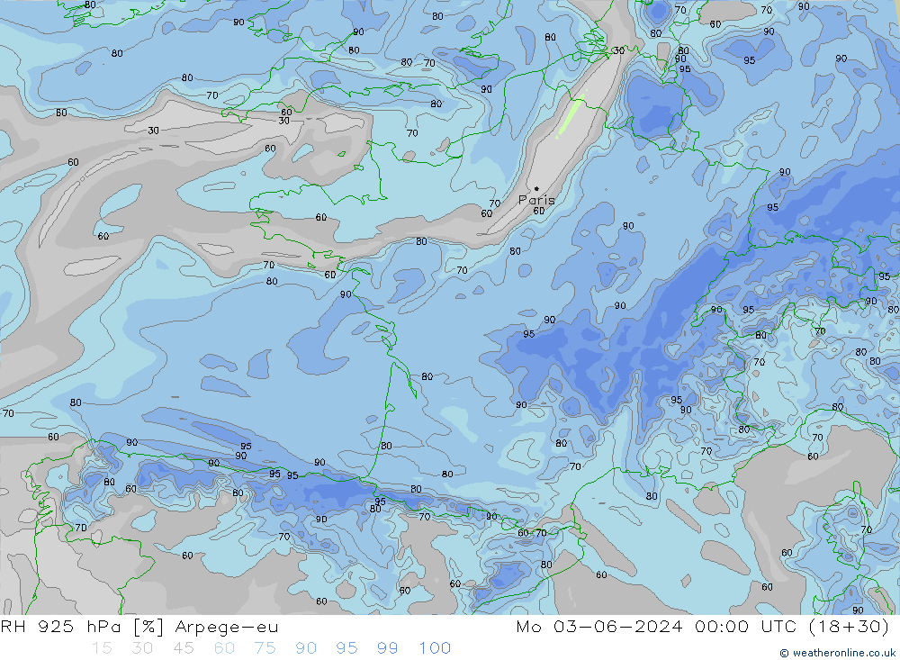 RH 925 hPa Arpege-eu Po 03.06.2024 00 UTC