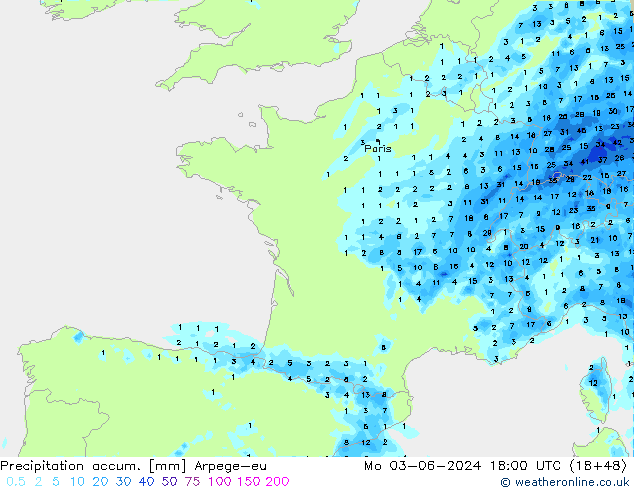 Totale neerslag Arpege-eu ma 03.06.2024 18 UTC