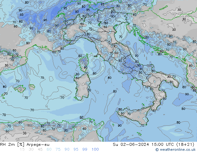 Humedad rel. 2m Arpege-eu dom 02.06.2024 15 UTC