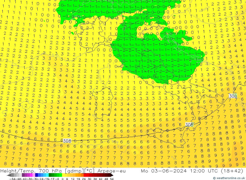 Height/Temp. 700 hPa Arpege-eu lun 03.06.2024 12 UTC