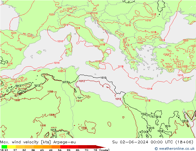 Max. wind snelheid Arpege-eu zo 02.06.2024 00 UTC