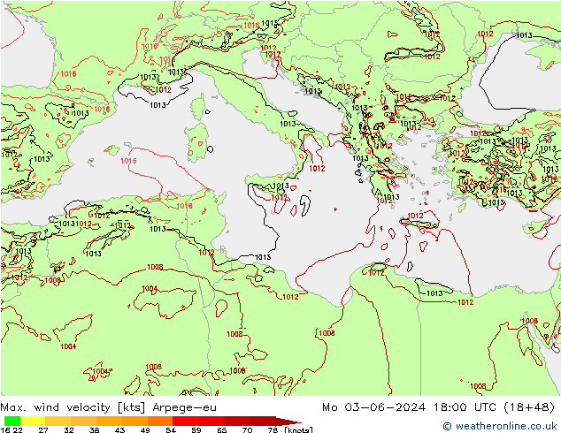 Max. wind velocity Arpege-eu Seg 03.06.2024 18 UTC