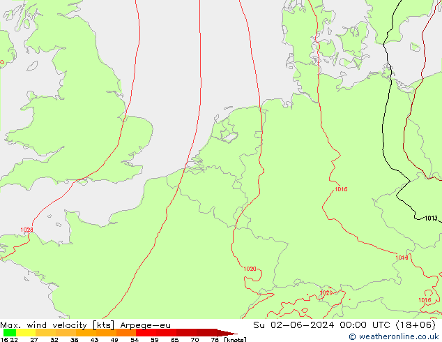 Max. wind snelheid Arpege-eu zo 02.06.2024 00 UTC